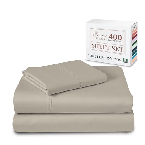 Pizuna Pure 100% Cotton Twin Bed Sheet Set Simply Taupe, 400 Thread Count Cozy Luxury Long Staple Cotton Sateen Weave Bedsheet Set (1 Flat Sheet, 1 Fitted Sheet, 1 Pillowcase)