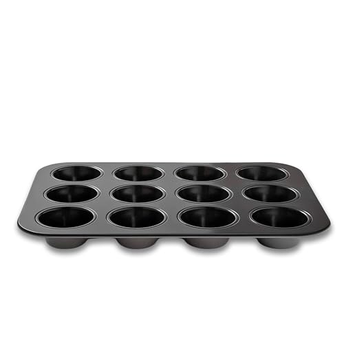 AIBULO 12 Cup Muffin Tray Nonstick – Durable Carbon Steel Muffin Tin & Cupcake Tray for Baking Muffins, Cupcakes, Yorkshire Pudding – Heavy Duty Cake Tins for Baking, Oven-Safe Muffin Tin