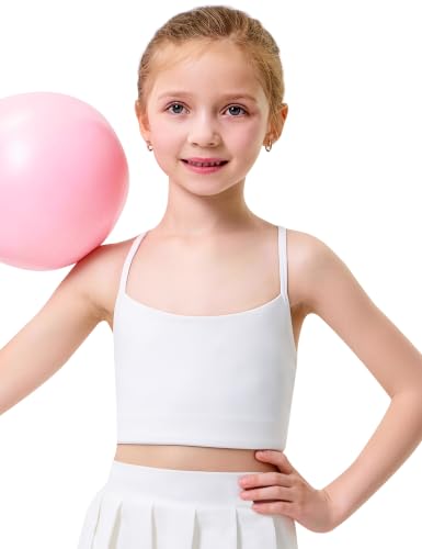 IFNOW Girls Sports Bra Y Back Spaghetti Strap Training Bra Padded Yoga Crop Top for Teens Kids 5-14 Years White