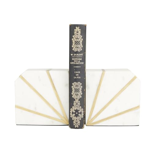 CosmoLiving by Cosmopolitan Marble Geometric Decorative Bookends 8 lbs Non Skid Bookends with Gold Inlay, Set of 2 Office Bookends4', 4'W, White