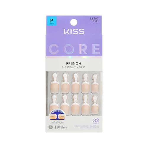 Kiss Core, Press On Nails, Nail glue included, 'Perfection', White, Petite Size, Squoval Shape, Includes 32 Nails, 2g Glue, 1 Manicure Stick, 1 Mini File
