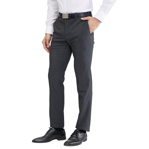 Image of Raymond Men's Mid Rise Slim Fit Structure Pattern Poly Viscose Blend Flat Front Formal Trouser