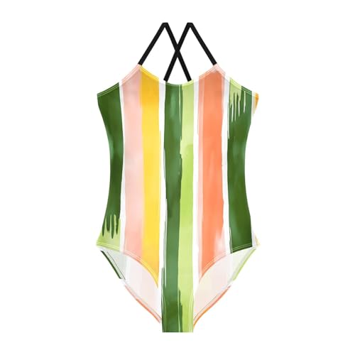 Vertical Stripes Green Pink Childrens Bathing Suits Girls, Summer Beach Swimwear, 3-10