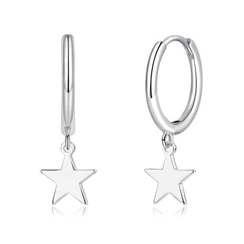 Image of Deyanse Silver Hoop Earrings for Women, Minimalist Star Pendant Drop Earrings, 925 Sterling Silver Dangling Huggie Earrings, Sleeper Dangle Creole Earrings, Hypoallergenic Jewellery Gifts for Girls