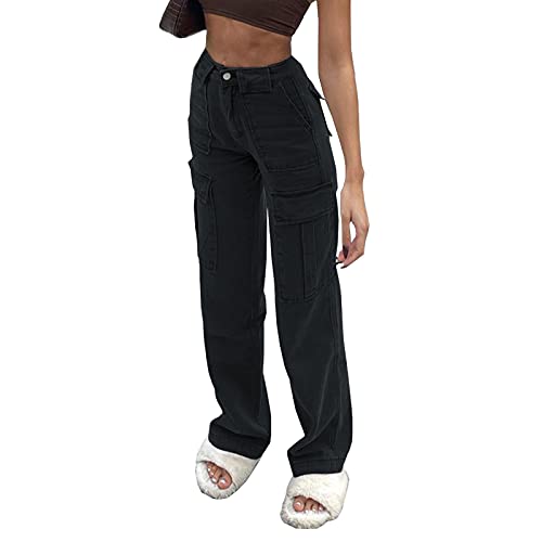 Women's Y2K Fashion Wide Leg High Waist Loose Fit Cargo Jeans Denim Pants Boyfriend Jeans for Teen Girls with Pockets Black