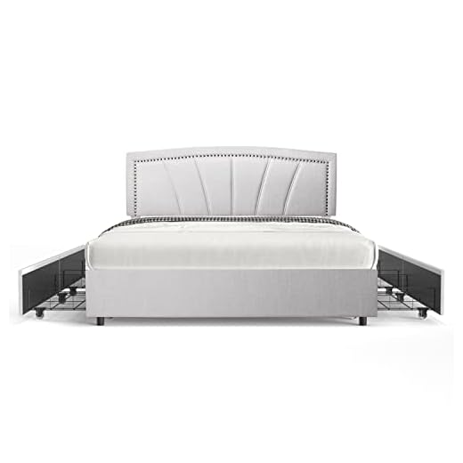 BONSOIR Queen Size Storage Bed Frame Upholstered Low Profile Traditional Platform with Tufted and Nail Headboard/No Box Spring Needed/4 Pull Out Drawers/Light Grey Linen Fabric (Queen Size)