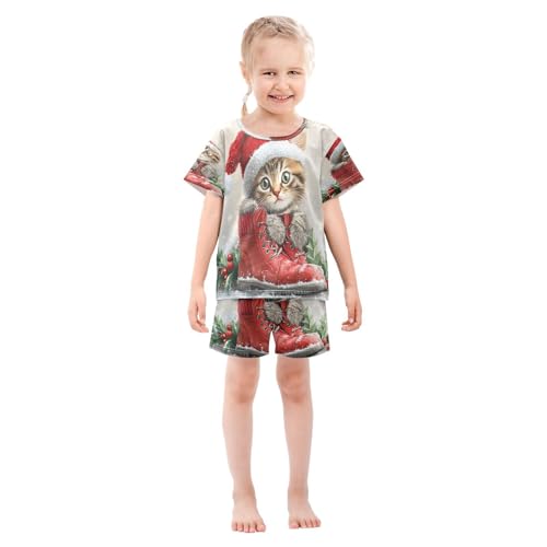ALAZA Cat Christmas Hat Winter New Year Pajamas Set Short Sleeve Cotton Sleepwear Summer Pjs 2 Piece 5-14Y3