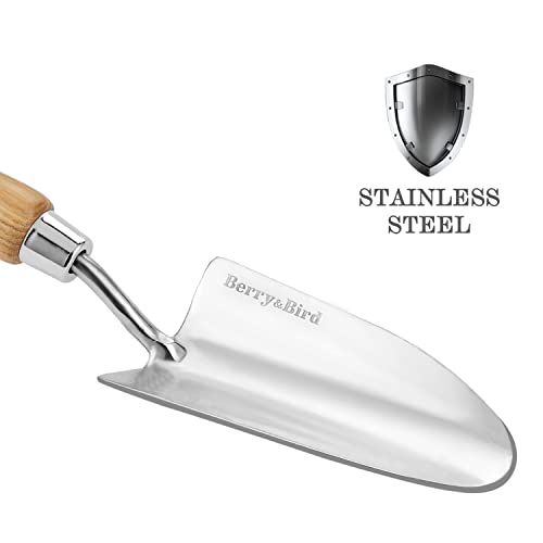 Berry&Bird Stainless Steel Trowel, Garden Small Flower Hand Shovel, Potting Soils Scoop with Wood Handle, Gardening Bonsai Tools for Transplanting Digging Weeding Planting - Thumbnail 5