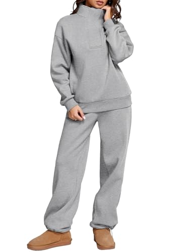 Aleumdr Womens 2 Piece Outfits Fleece Sweatsuit Lounge Set Snap Button Long Sleeve Sweatshirt with Wide Leg Sweatpants