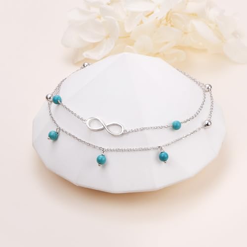 Image of Flyow Anklet for Women S925 Sterling Silver Adjustable Foot Beaded Heart Charm Ankle Bracelet Anklets Jewelry