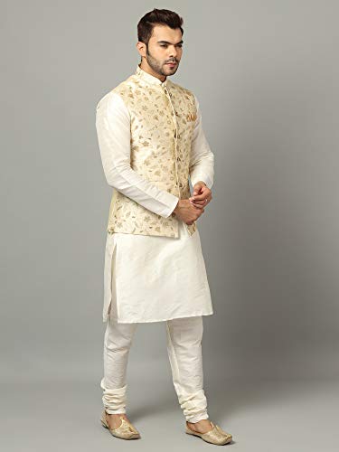 Image of Uri and MacKenzie Men's Silk Blend Regular Kurta Churidar Pyjama with Bundi Nehru Jacket /Waistcoat