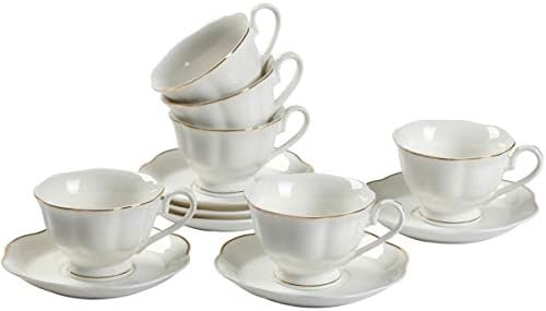 Ceramic Tea Cups and Saucers Set - 4PCS 7oz New Bone China Porcelain Coffee Cups Set With Golden Leaves Edge for Mocha Latte and Cappuccino,Set of 4