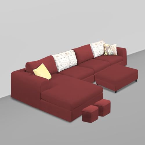 Image of Koza LHS 8 Seater L Shape Sofa Set with Center Table for Living Room (Maroon Fabric) Premium Fabric Sofa