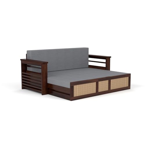 Image of Mamta Furniture Sheesham Wood Sofa Cum Bed with Storage Rattan Cane Design Wooden Sofa Set for Living Room Bedroom 3 Seater Convertible Sofa Bed in Walnut Finish
