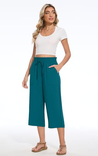 Womens Capri Pants Summer Wide Leg High Waisted Pants Drawstring Casual Trousers with Pockets (Blue Green, S)4