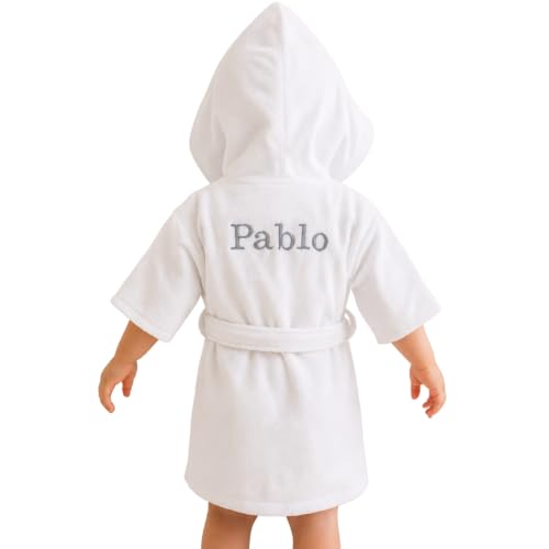 BebeDeParis Albornoz Bebé | Regalos para Bebes Recien Nacidos Personalizado con el Nombre bordado en Gris Rosa o Azul | 100% Algodón muy Suave y Capucha | 0 a 18 meses (Neutro)