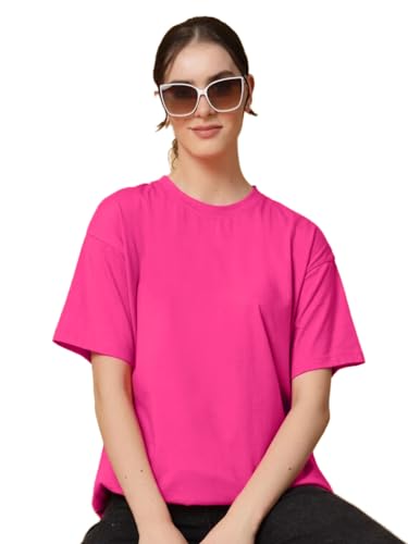 Image of LEOTUDE Women's cotton Oversized Fit Oversized Half Sleeve Tshirt, Round Neck Longline Drop Shoulder Solid T-Shirt