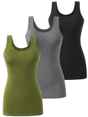 vislivin Tank Top Damen Baumwolle Tanktops Basic Unterhemden Ärmelloses Workout Tops Schwarz/Dunkelgrau/Armeegrün L