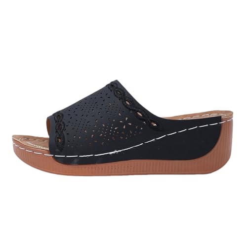 Damtofflor sommar retro rund tå ihålig kilklack slip-on lätt andningsbara och bekväma vardagliga sandaler kvinnors sommarskor, Svart, 39.5 EU