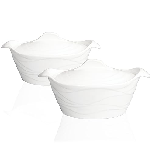 jinsongdafa Ensemble de plats à four en céramique avec 2 pièces, terrine blanche française de 900 ml avec couvercle, du four à la table, poignées de service en...