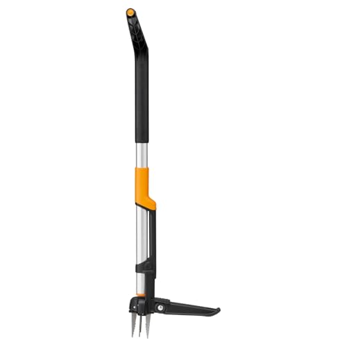 Fiskars X-Series Unkrautstecher, Ausziehbarer Unkrautentferner mit 4 Edelstahlkrallen, D-förmiger Griff, Verlängerbar auf 120 cm, Auswurfsystem, Klappbare Fußplatte, Schwarz/Orange, 1082709