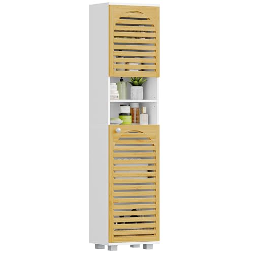 Hzuaneri Meuble Salle de Bain, Armoire de Rangement en Bambou avec Étagère Réglable, Meuble de Rangement avec 2 Portes en Bambou, pour Salon, Salle de Bain,...