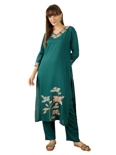 Image of INDO ERA Women's Silk Blend Floral Embroidered Straight Kurta & Pant Set (IESTR12217)