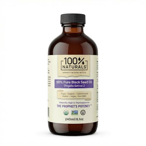 100% Naturals, Pure Virgin Organic Black Seed Oil (8oz Glass Premium Bottle) - Cold-Pressed Nigella Sativa Oil with Natural Antioxidants, High in Thymoquinone, Chemical-Free, Kosher, Non-GMO