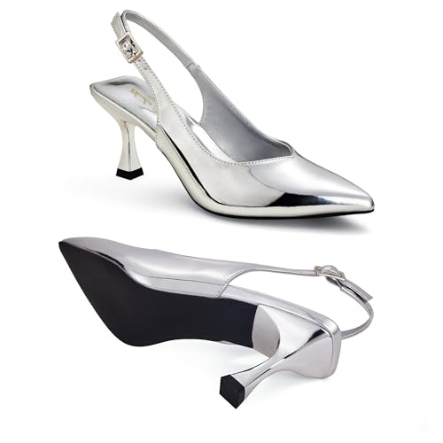 Image of Elisabet Tang Women's Kitten Heel Slingback Low Pumps 3 Inches Stiletto Pointed Closed Toe Elegant Dressy Bridal Wedding Party Shoes