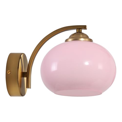 Image of Mid Century Modern Wall Sconce Light Fixture Pink Glass Wall Sconce Lamp Brass Gold Wall Lighting Hardwired Globe Wall Lamp Vintage Bathroom Vanity Light Fixtures