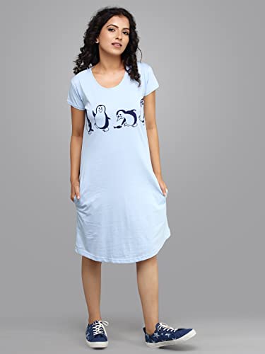 Image of Meerkat Women Short Sleeve Knee Length Cotton Knits Printed Short Nighty /Long Shirt /Midi