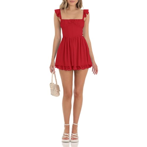Image of Women Y2k Cute Babydoll Mini Dress Corset Lace Patchwork Sleeveless Ruffled A-Line Flowy Short Dress Beach Streetwear