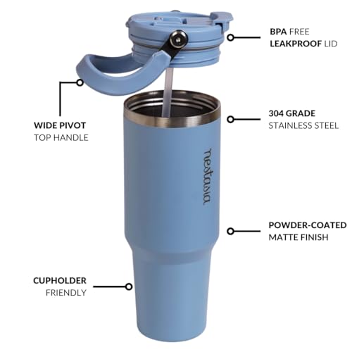 Image of Nestasia PickSip40 Tumbler with Straw & Top Handle 1.2L | Insulated Stainless Steel Sipper Water Bottle for Adults with Dual Flip Opening Sip-Swig Leakproof Lid for Office & Gym (Blue Frost)