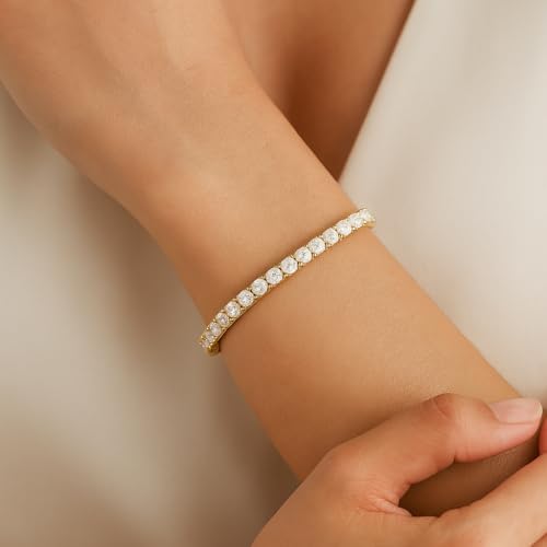 Image of 925 Sterling Silver Tennis Bracelet for Women & Girls | 18K Gold Plated Jewelry | Engagement, Wedding, Anniversary, Birthday, Diwali, Karwa Chauth & Festival Gift | Everyday & Office Wear Jewelry for Wife, Sister, Female