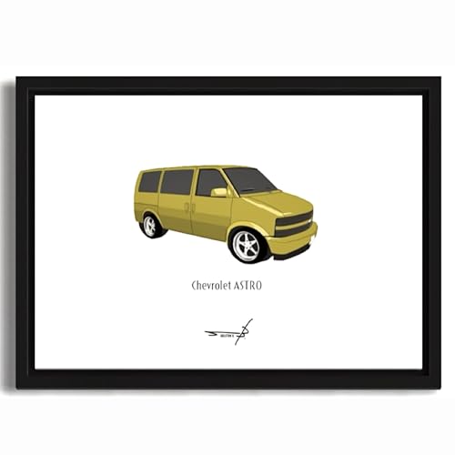 ポスター ビンテージカーポップアート アメ車 A4額入り シボレー・アストロ 用紙サイズ297mm×210mm 黒フレーム Chevrolet ASTRO YELLOW