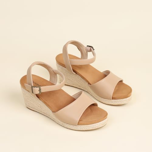 Image of Comfortable Women's Platform Espadrille Sandals Dressy Wedge Shoes Summer | Ankle Strap Platform Wedge Sandals with Orthopedic Arch Support for Casual Walking Vacation Beach Outdoors Size 5-11
