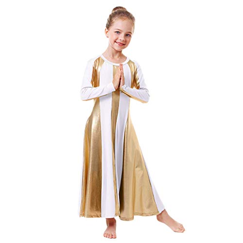 Girls Metallic Gold Praise Dance Robe Dresses Liturgical Lyrical Church Christian Loose Fit Full Length Color Block Swing Gown Ballet Worship Dancewear Tunic Circle Costume White-Gold 13-14 Years