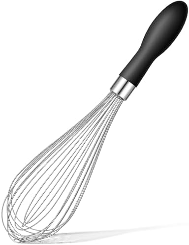 Rainspire 12-Inch Wire Whisk Stainless Steel, Balloon Whisks for Cooking, Wisk Wisking Tool With Soft Silicone Handle, Thick Durable Whisker for Blending, Beating, Whisking, Stirring, Black