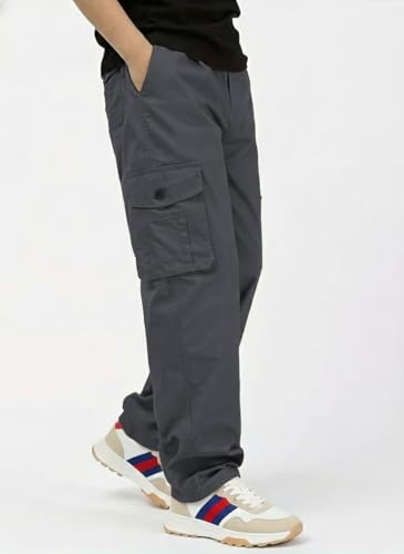 Image of Men's Cotton Cargo Pant | 5 Pocket Style Drawstring Elastic Waist Relaxed Fit Straight Leg, Breathable Durable Work Hiking Casual Trousers in Grey Silver Beige Black Sizes 30 to 42