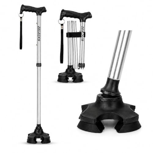 Image of ZELECKS Walking Cane for Women & Men - Self Standing Adjustable Folding Cane with T Handle and 360 Pivot Base - Lightweight Foldable Walking Stick for Seniors - Collapsible Cane for Walking