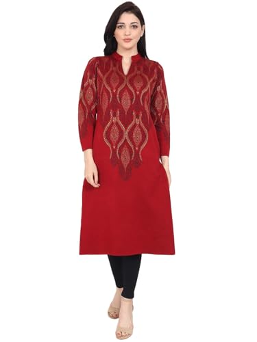 Image of Rosary Women's Winter Woolen Kurti Embroidered Straight Fit Ethnic Wear with 2 Side Pockets