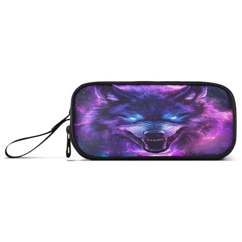 Image of Blue Eyes Wolf Purple Galaxy Pencil Case Box Boys Girls Large Pencil Pouch Zipper Compartments Big Capacity Stationery Pen Bag Organizer for Kids Teens Adults School Office