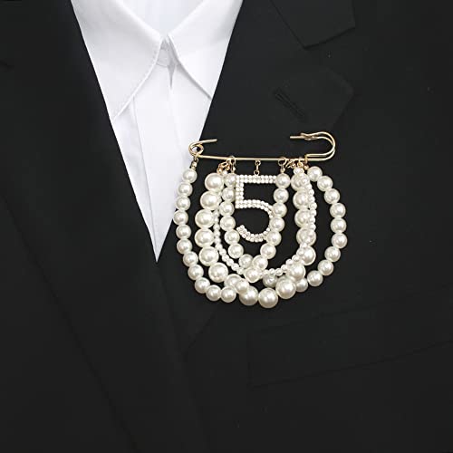 Image of Fashion Jewelry Large Faux Imitation Pearl Dangle Lucky Number Five Brooch Pin for Women