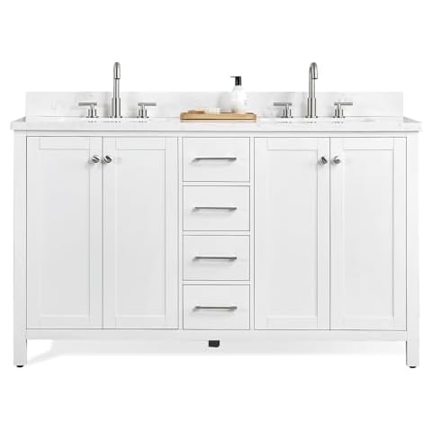TONYRENA 60" White Bathroom Vanity with Sink, Solid Wood Vanity Cabinet with Carrara Marble Stone Top & Backsplash,Rectangular Undermount Sink,4 Soft Closing Doors, 4 Drawers Cover