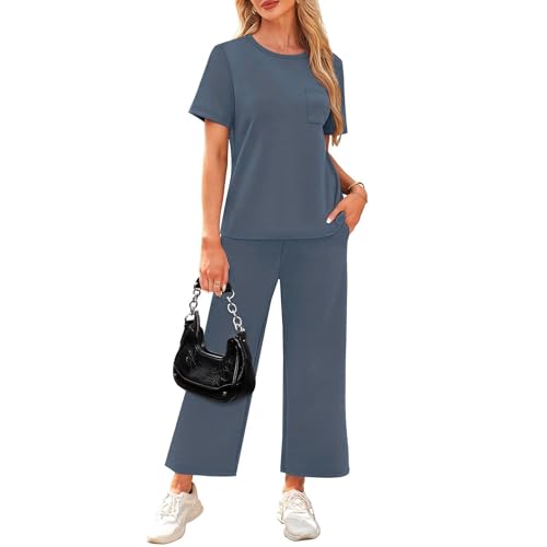 Two Piece Sets for Women Summer Outfits Lounge Sets Mock Neck Tops Wide Leg Crop Pants Vacation Travel Outfits4