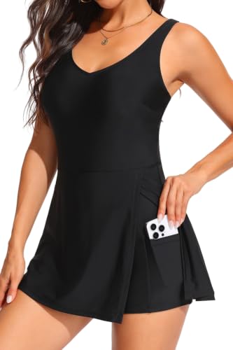 Image of One Piece Swimdress Tummy Control Swimsuit Modest Bathing Suit with Shorts | Elegant V neck swim dress, Flowy A-line design with skirt, Built-in boy shorts with side pocket, Removable padded cups