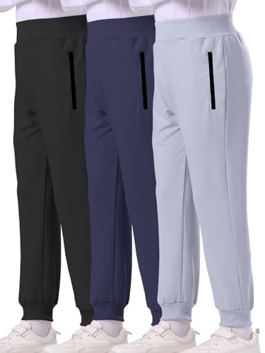 BINPAW 3 Pack Boy's Pull On Sweatpants Active Jogger Pants with Zipper Pocket Athletic Pants for Kids, Black/Blue/Gray, 7-8 Years = Tag 130