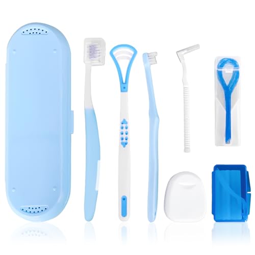 7-in-1 Travel Oral Care Kit with Case Toothbrush Tongue Scraper Wisdom Toothbrush Dental Floss Floss Threaders Interdental Brush Dental Wax Portable Hygiene Set for Daily Use Travel (Blue)