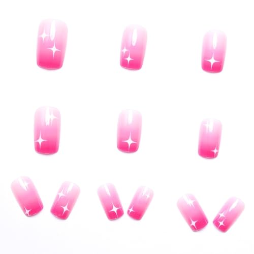 Red Pink Gradient Press on Nails Medium Square Fake Nails with Designs Star Stick on Nails Glossy Ombre False Nails Gel Pink Glue on Nails Short Acrylic Nails for Coquette Women Girls Manicure 24Pcs - Image 6