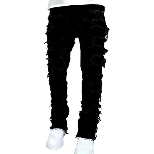 Stacked Jeans Men Frayed Relaxed Fit Jean for Men Stretch Fashion Distressed Patchwork Mens Straight Leg Jeans